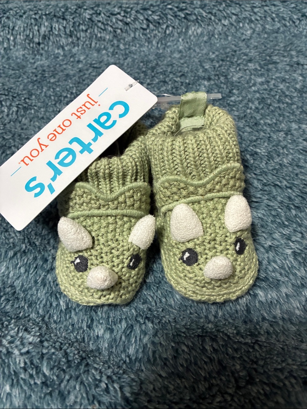 Carter's Green Knit Dino Booties with Embroidered Face